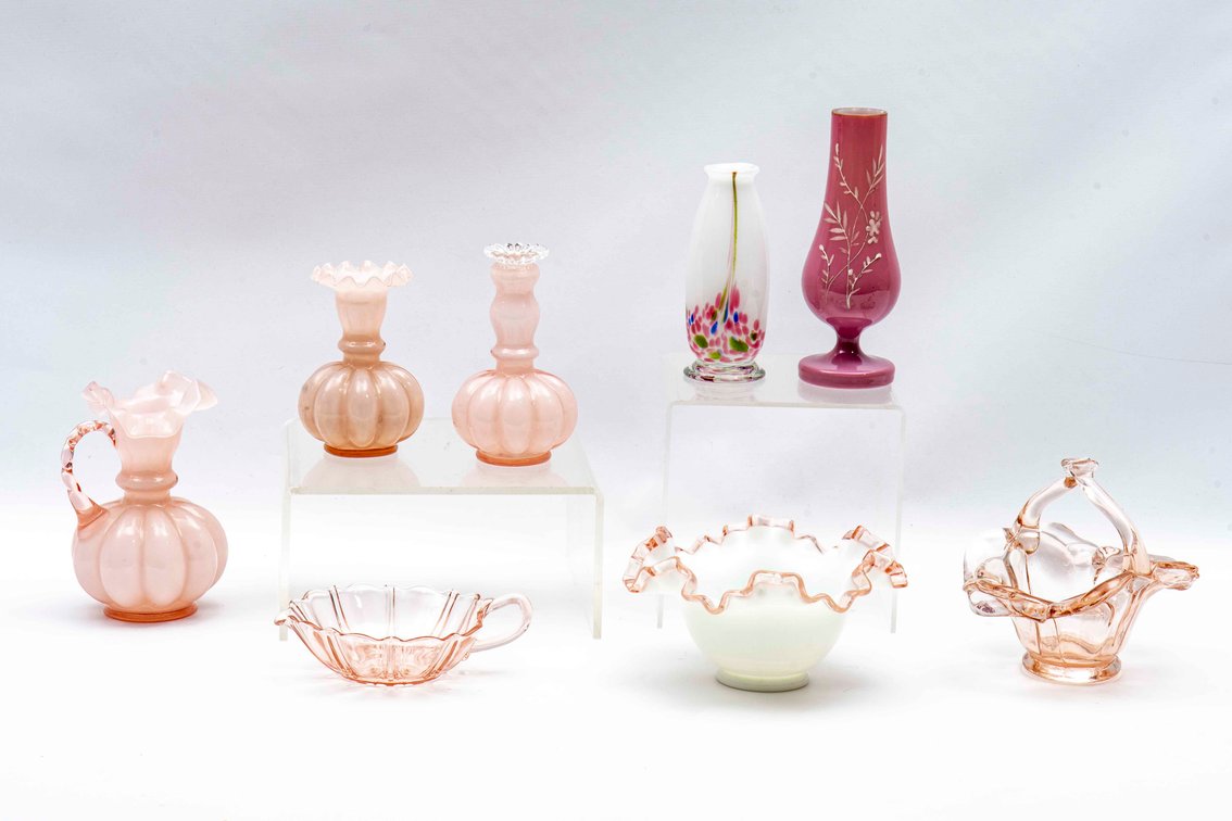 Pink Glass Vase & Bowls: Fenton