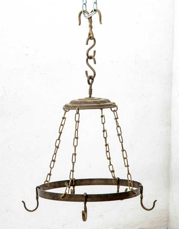 Aged Brass Hanging Pot Rack with Hooks