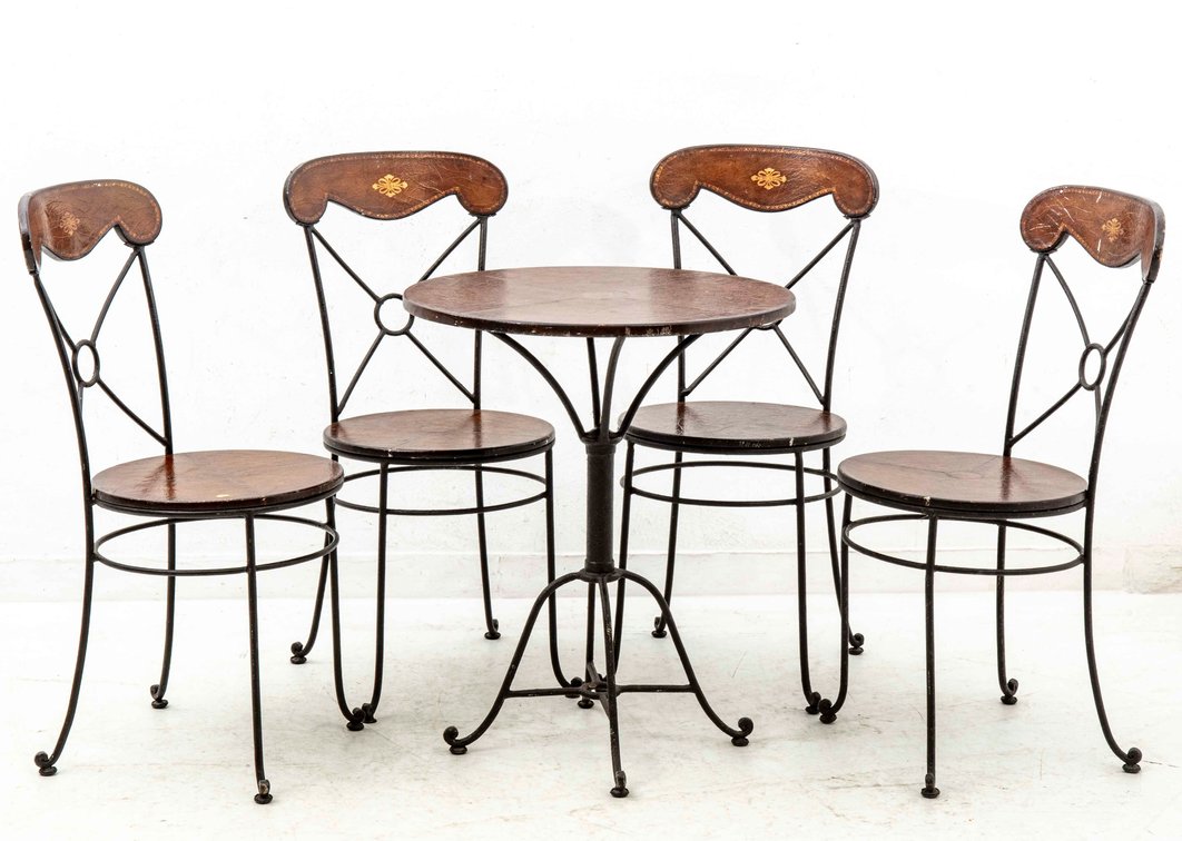 Five Piece Tooled Leather/ Wrought Iron Bistro Set