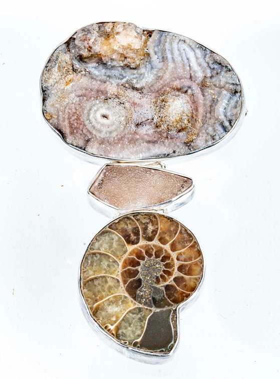 3 pc. Sterling Pendant w/ Ammonite & Druzy- 42.7 G