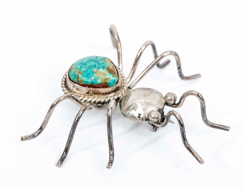 Silver Spider Brooch With Turquoise- 4.9 G