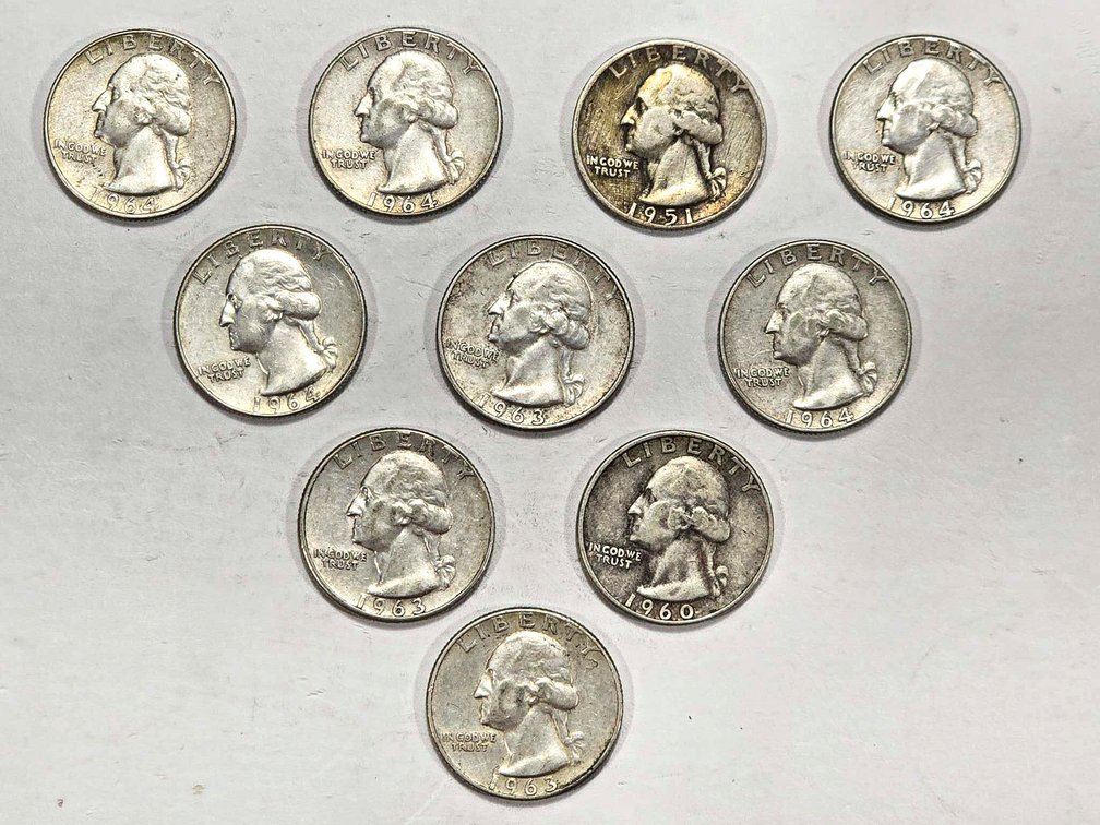 10 U.S. 90% Silver Washington Quarters 