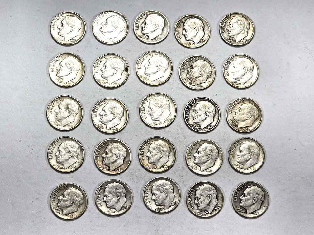 Silver Roosevelt Dimes in a Group of 25 Pieces