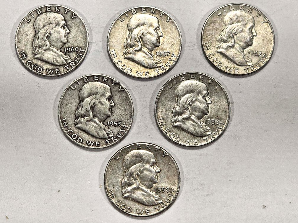 Six Circulated Benjamin Franklin Half Dollars 