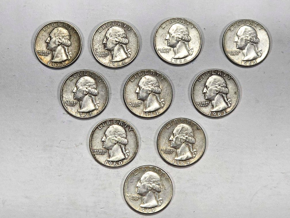 Ten Silver Washington Quarters Circulated Conditio
