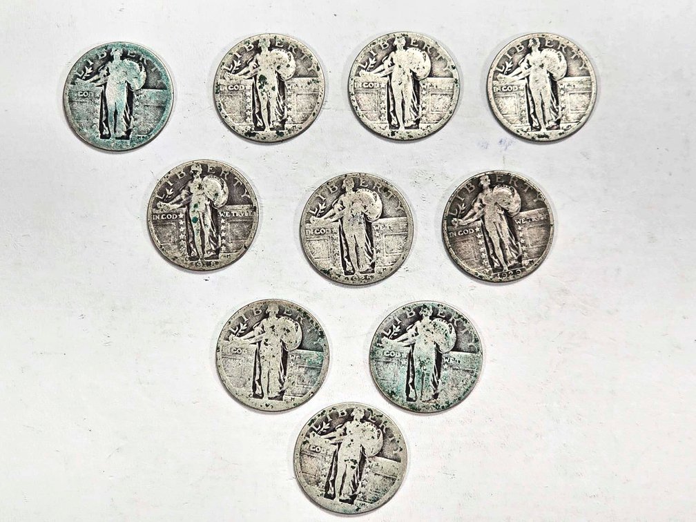 Ten Standing Liberty Quarters Circa Early 20th Cen