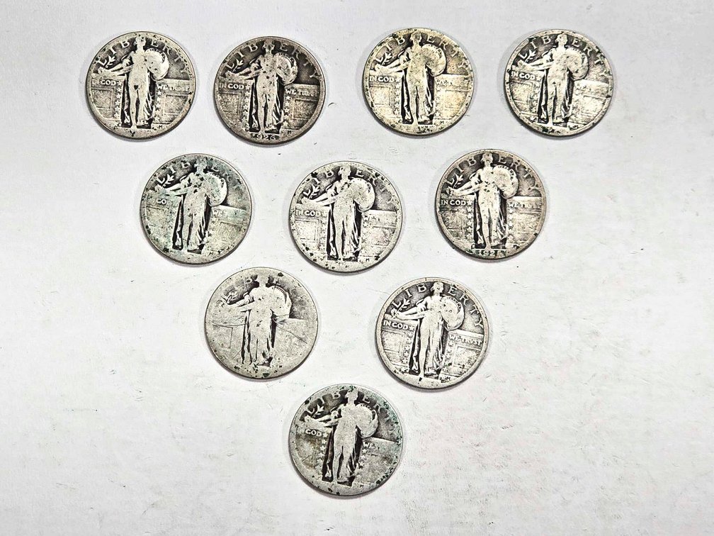 Ten Standing Liberty Quarter Coins (1916-1930)