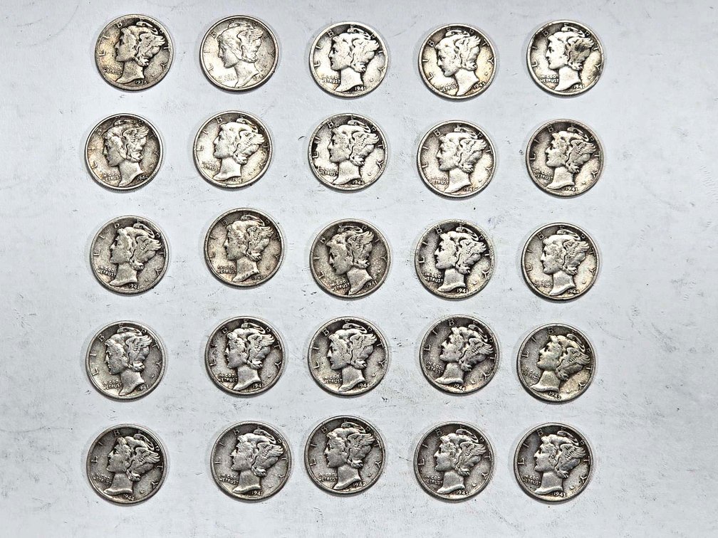 25 Silver Mercury Dimes, Various Dates