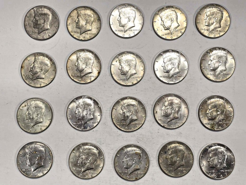 20 Kennedy Half Dollars, 40% Silver
