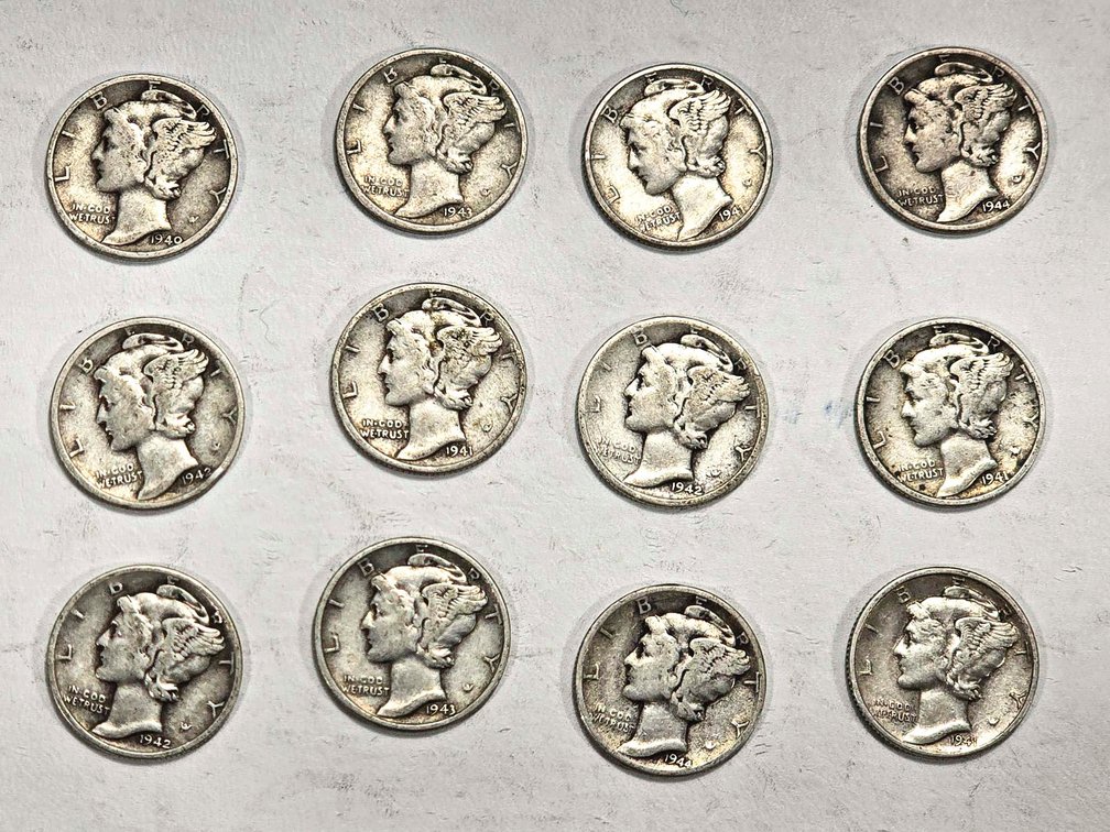 12 Silver Mercury Dimes, Circulated Condition