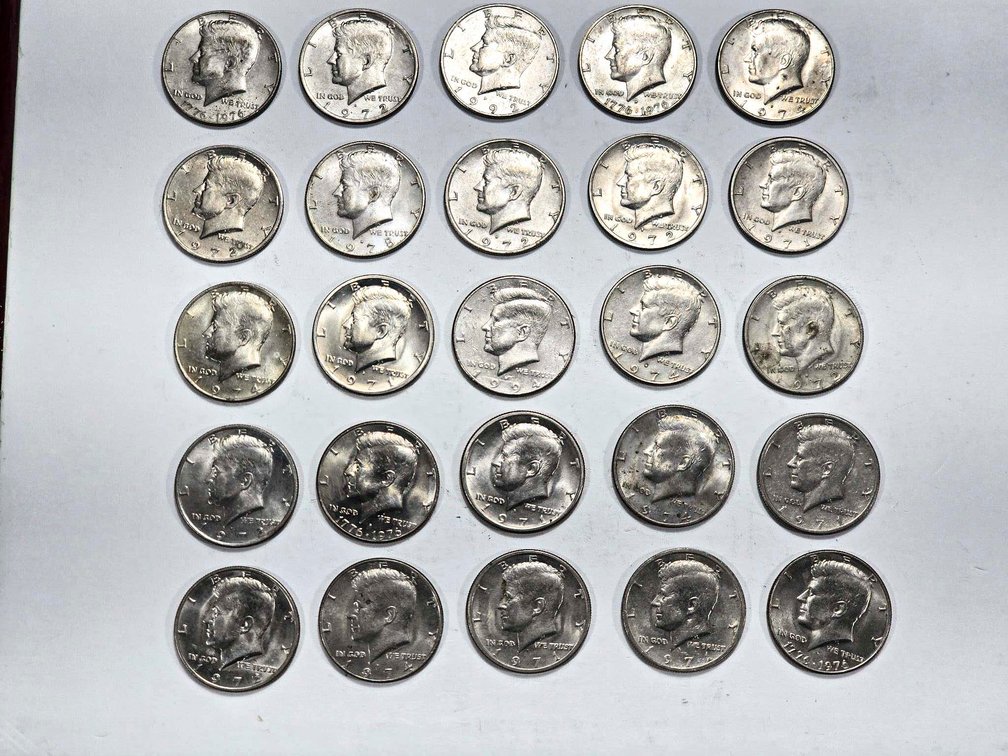 25 Kennedy Half Dollar Coins from the 1970s, 1992,