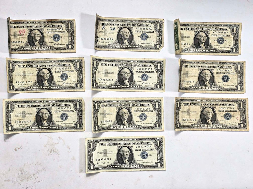 10 1957 Silver Certificates in Circulated Condition