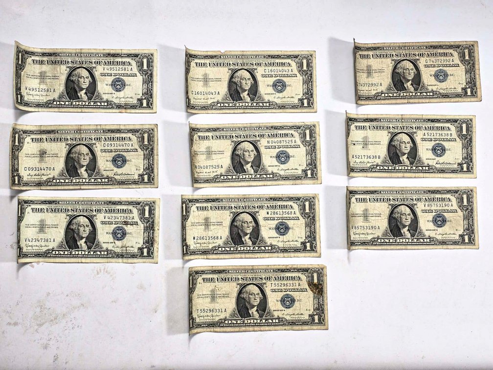 10 1957 Silver Certificates in Circulated Condition