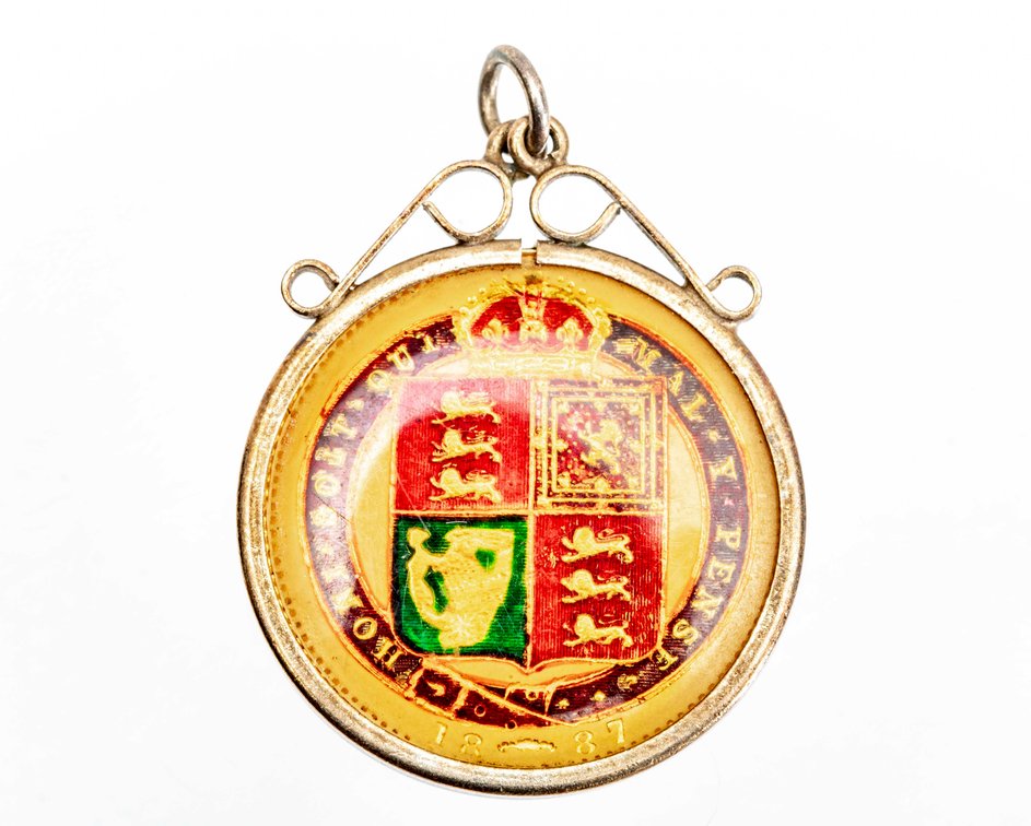 1887-1 Shilling- Gold plated & Enameled in Frame