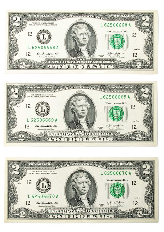 Three- Sequential $2 Bills- Series 2013
