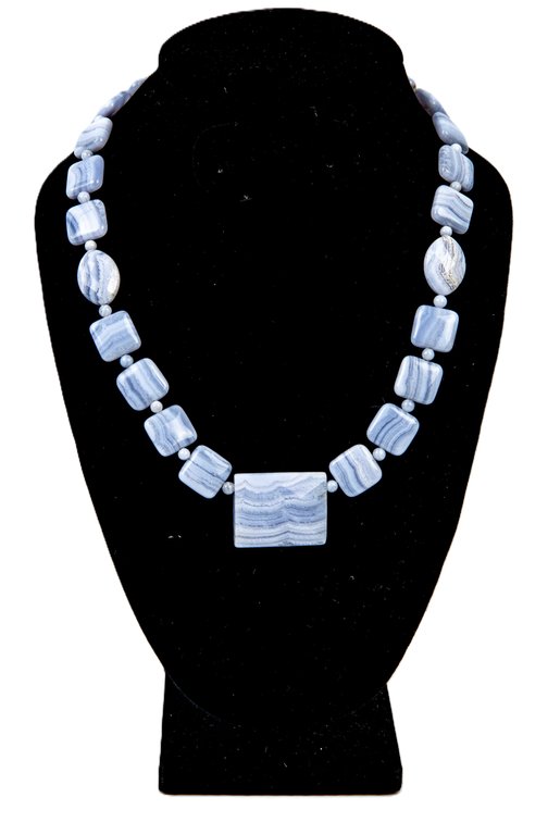 Blue Lace Agate & Sterling Necklace- 60.5 G