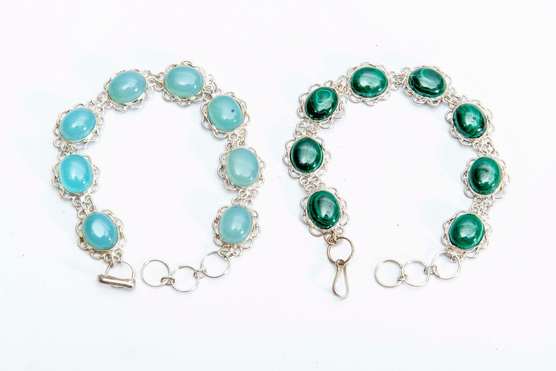 2 Sterling Bracelets- Malachite & Moonstone- 33.7G