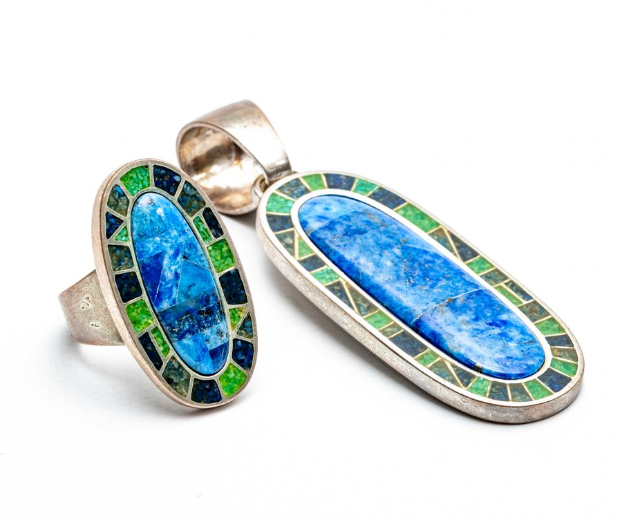 Sterling Pendant & Ring- Lapiz W/ Inlay- 30.8 G