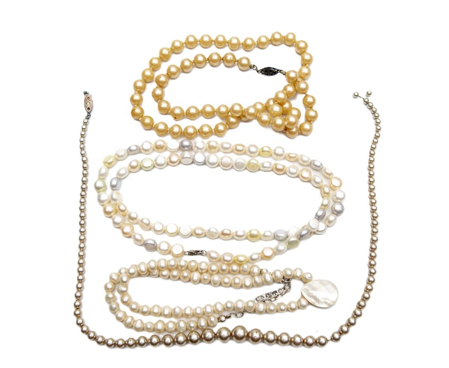 4 White Pearl Necklaces W/ Sterling Clasps