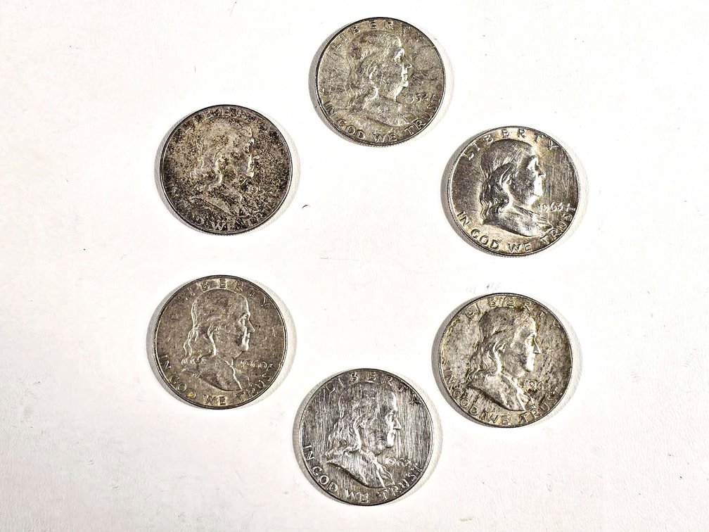 Six Franklin Half Dollars in Circulated Condition