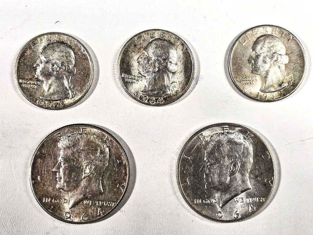 2 Silver Kennedy Halves and 3 Silver Washington Qu