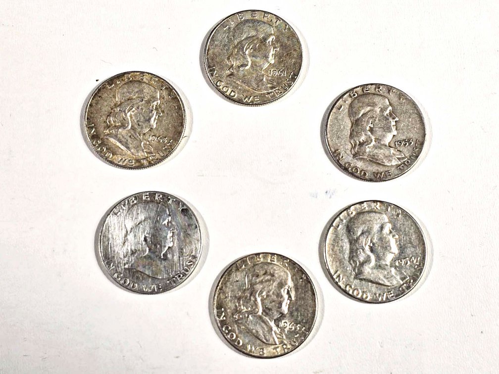Six Franklin Half Dollars, Various Year Mintages