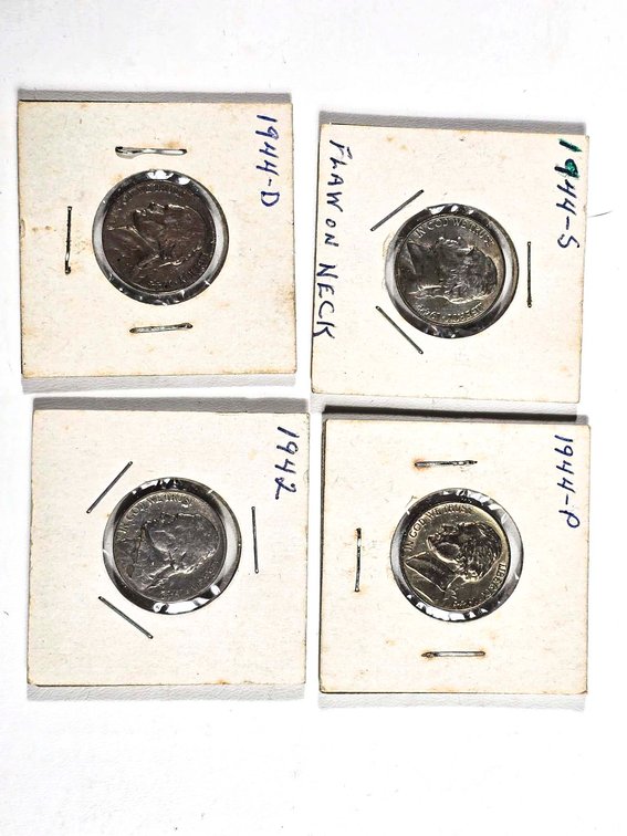 Four Silver War Nickels, 1942-1944, in Cardboard H