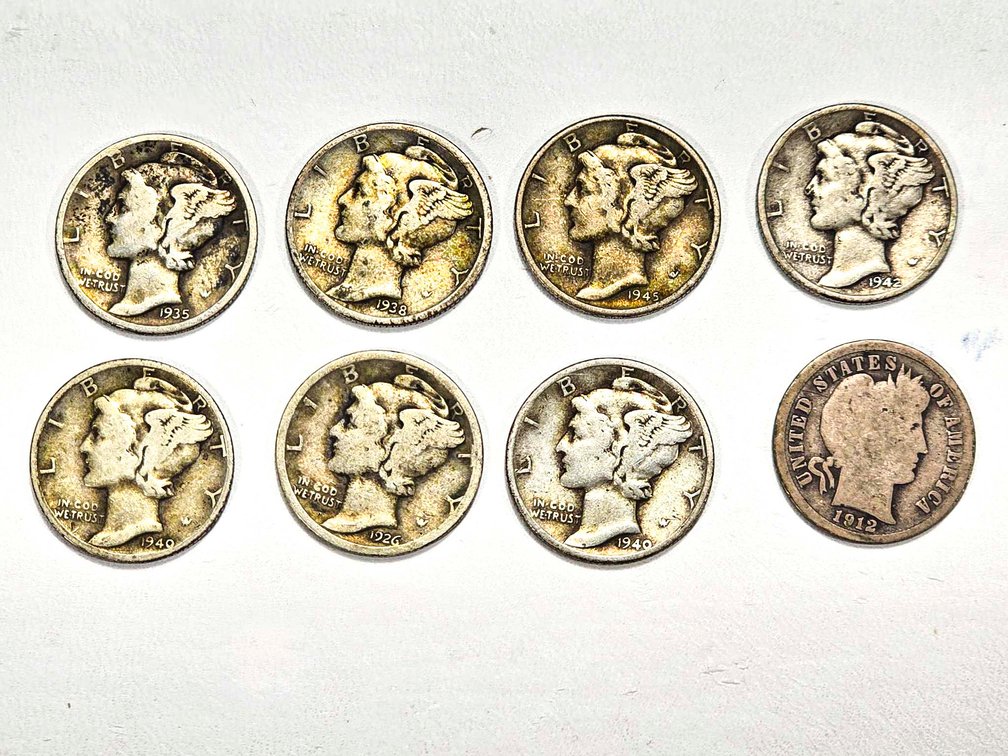 Seven Mercury Dimes and One Barber Dime, 1918-1944