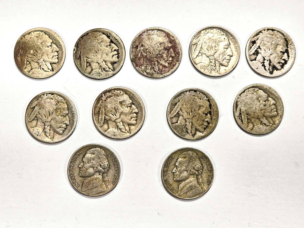 9 Buffalo Nickels and 2 1939 Jefferson Nickels
