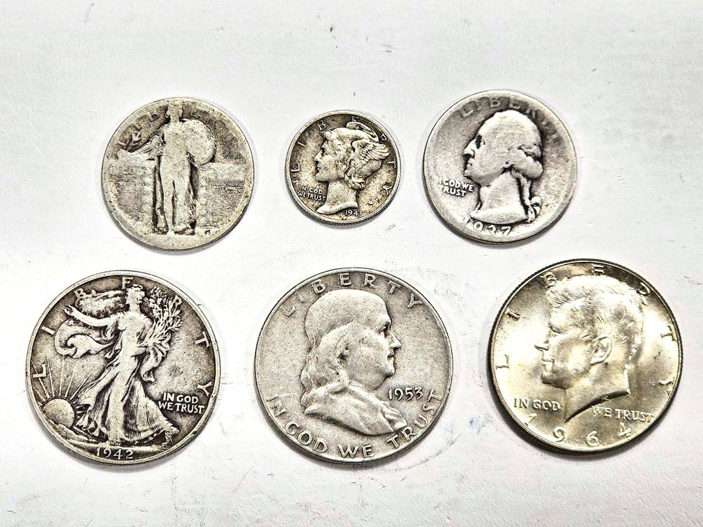 Six U.S. Silver Coins Including Kennedy Half & Wal