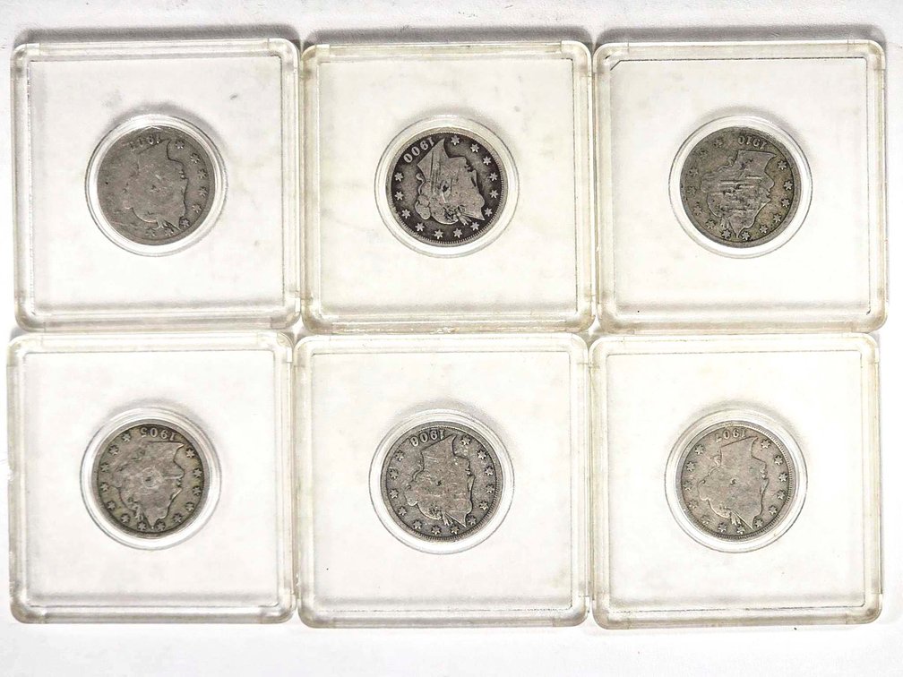 6 Liberty Head V Nickels: 1900 (2), 1905, 1906, 19