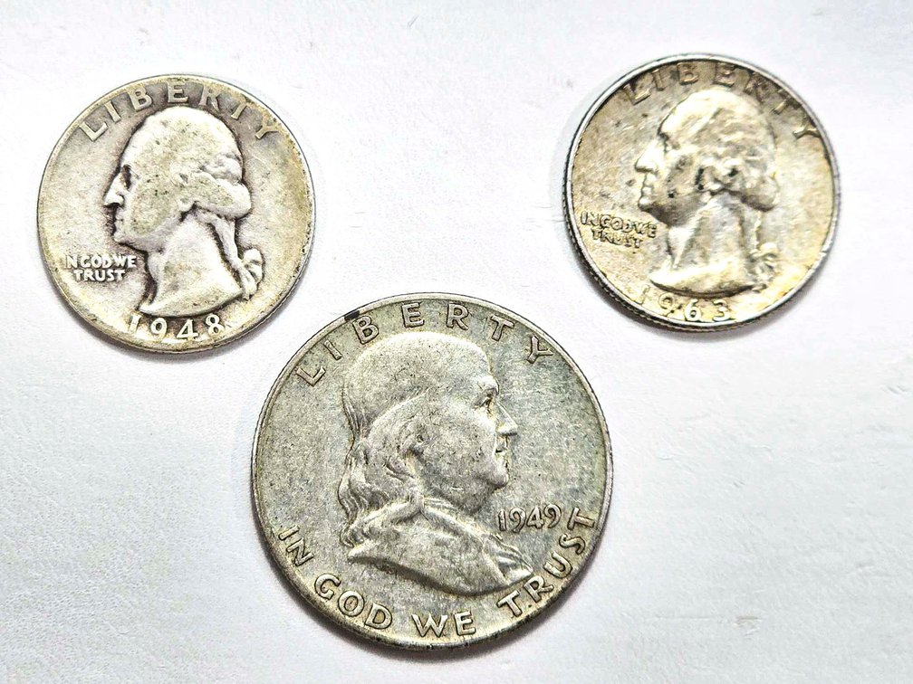 3 Silver Coins: Franklin Half Dollar and 2 Washing