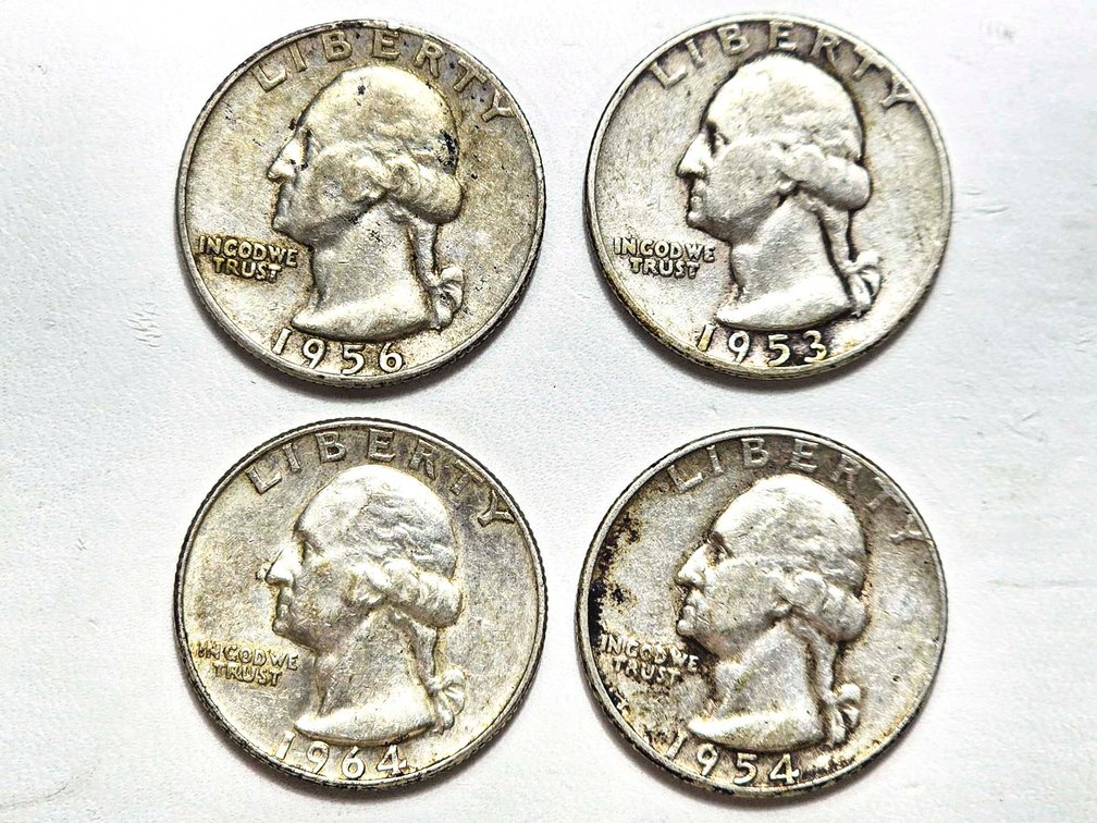 Four 90% Silver Washington Quarters, 1952-1956
