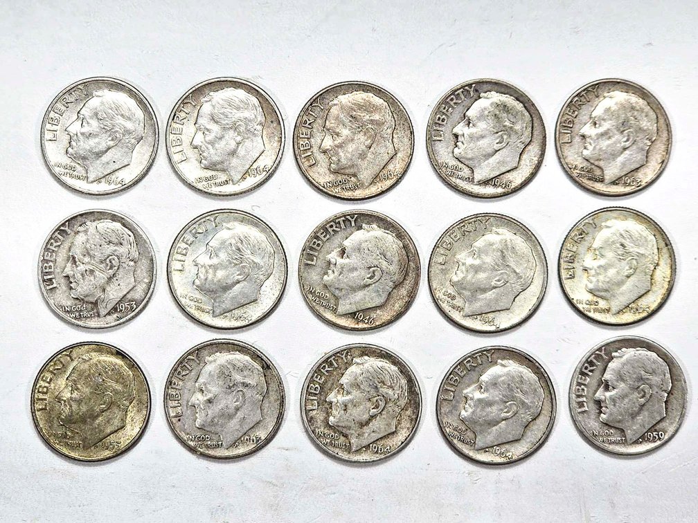15 U.S. Silver Dimes Featuring Roosevelt Design