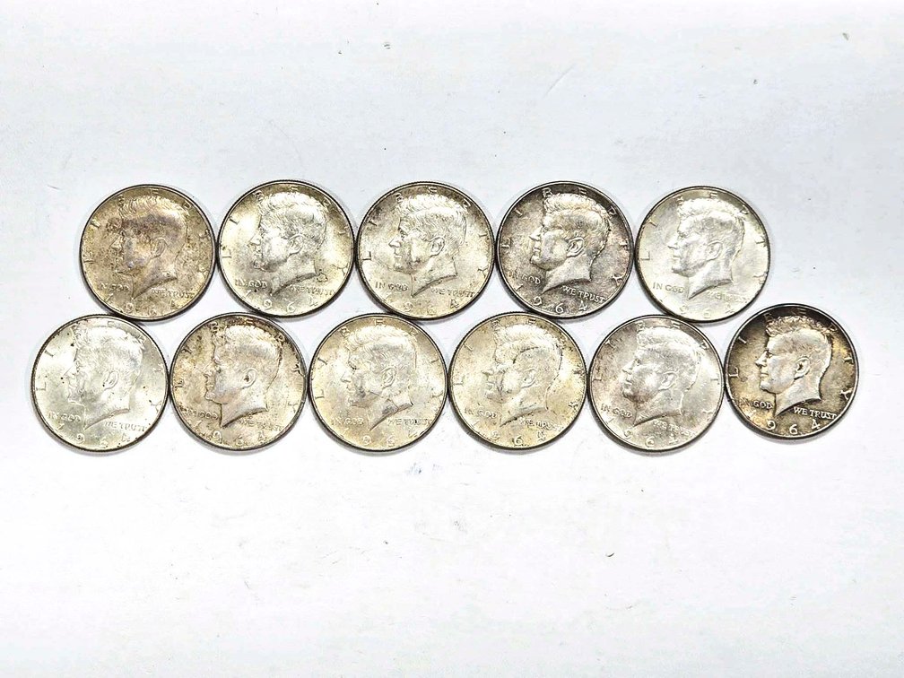 11 Kennedy Half Dollars, 1964 Silver Coins
