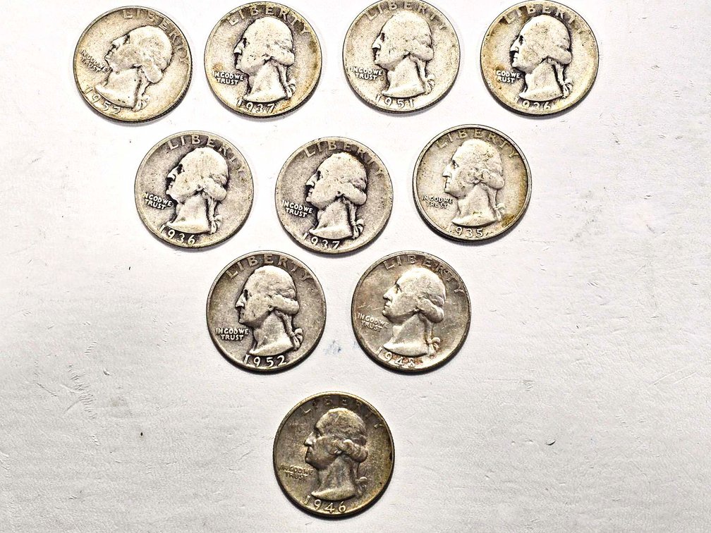 10 Silver Washington Quarters (1932-1964)