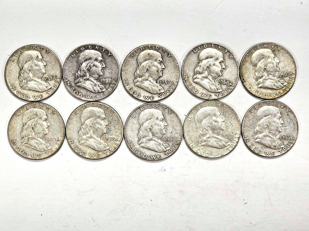 10 Franklin Half Dollars, 90% Silver, Circulated C