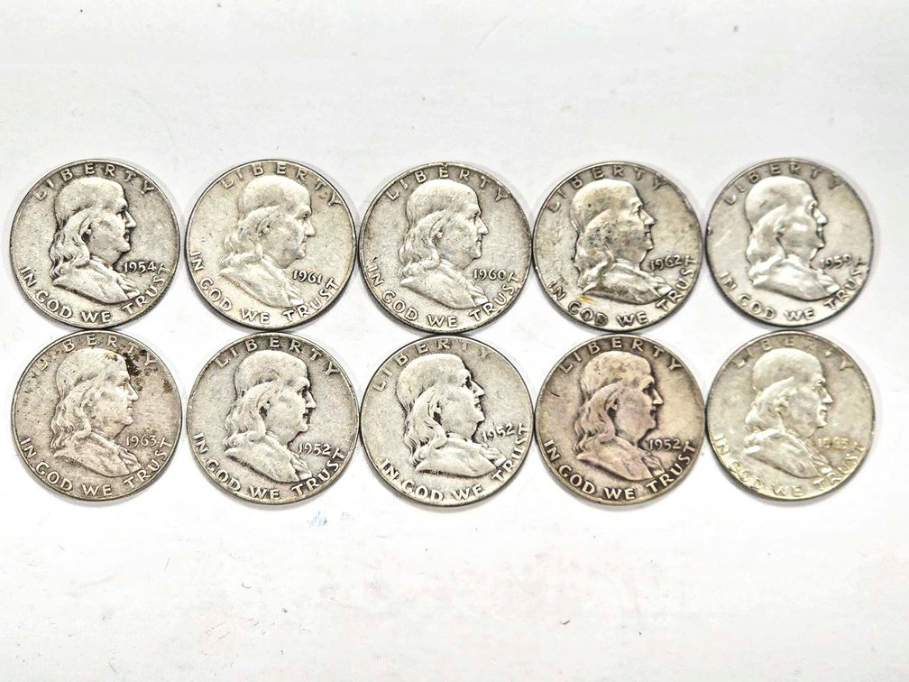 10 Franklin Half Dollars – 90 Percent Silver