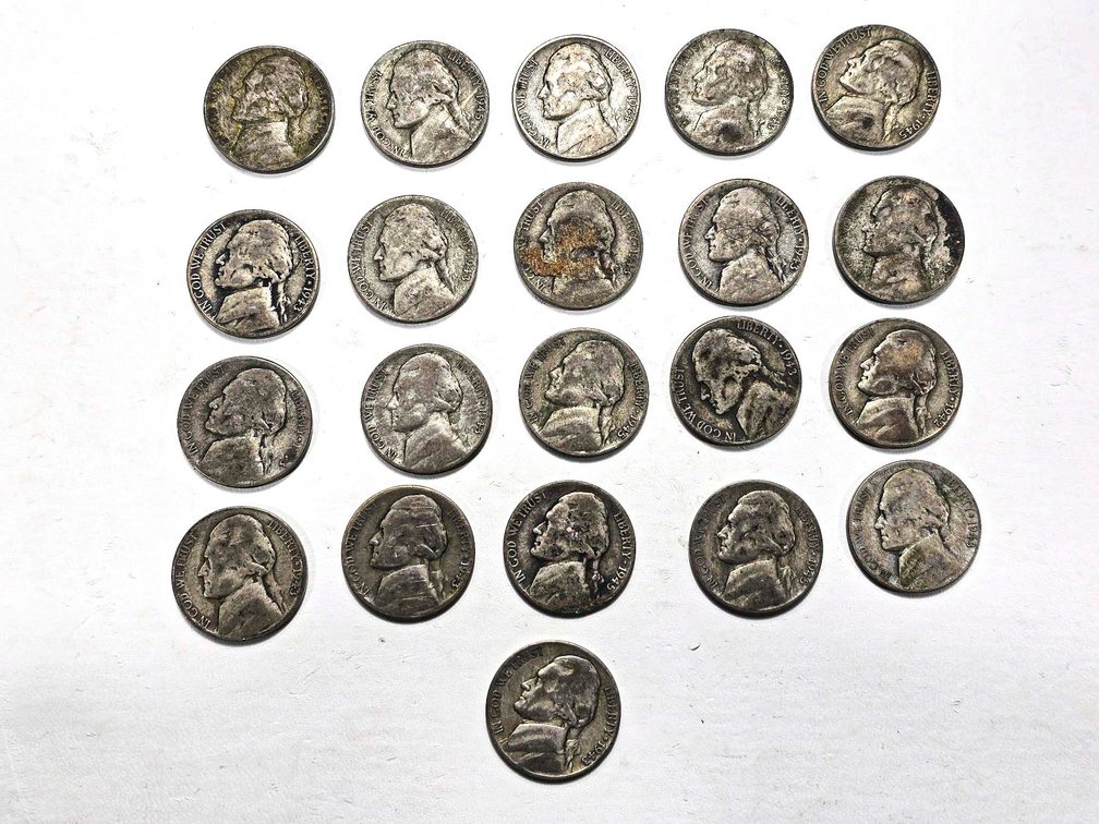 21 Silver War Nickels with Mint Marks Visible