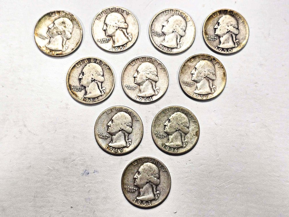 10 Silver Washington Quarters, Pre-1965