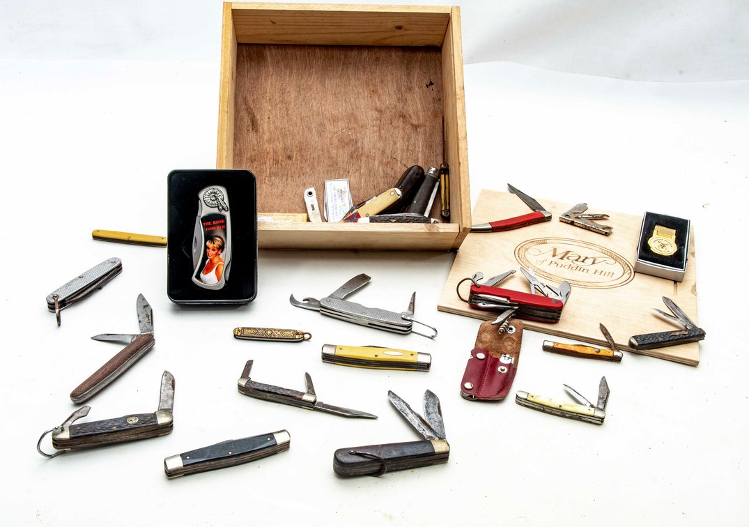Wooden Box Filled with Pocket Knives