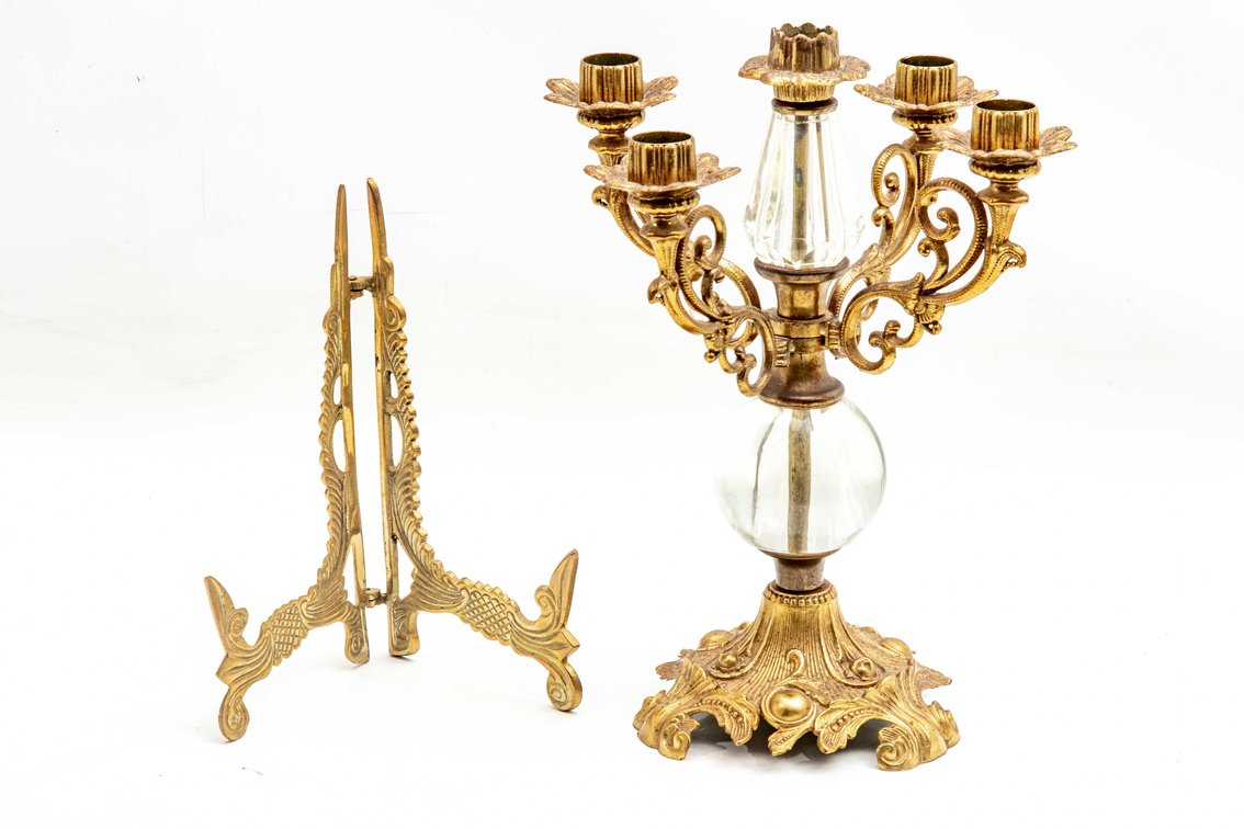 Brass & Glass Lot Book Holder & Candelabra