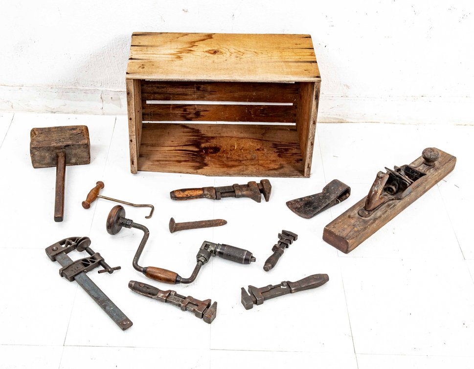 Antique Hand Tools in Wooden Crate