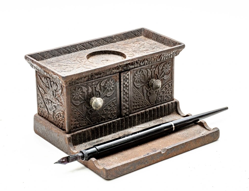 Cast Iron Ink Well & Esterbrook Desk Fountain Pen