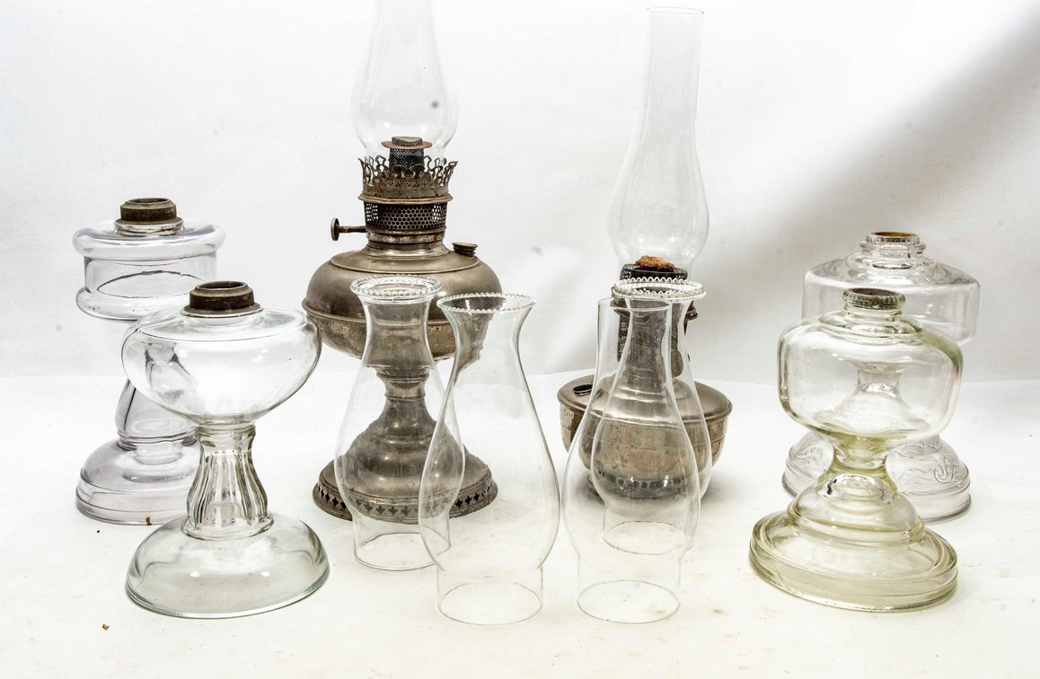 Glass & Metal Oil Lamps w/ Hurricane Shades.