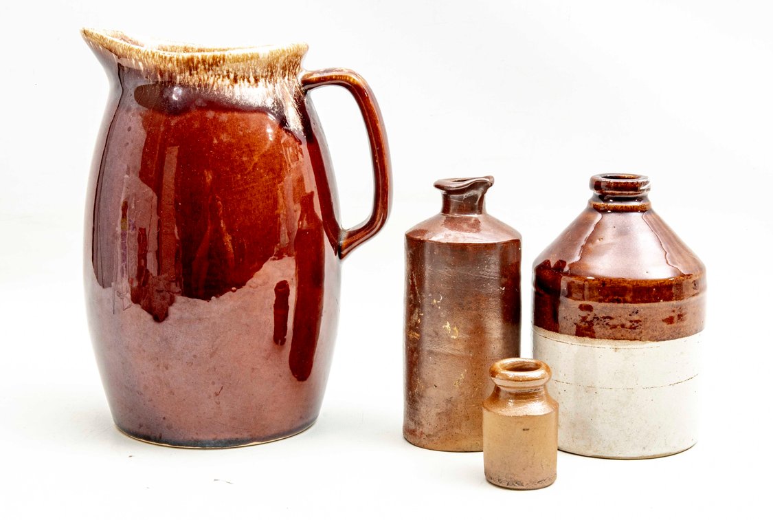 Vtg Hull Pitcher & 3 Antique Stoneware Containers