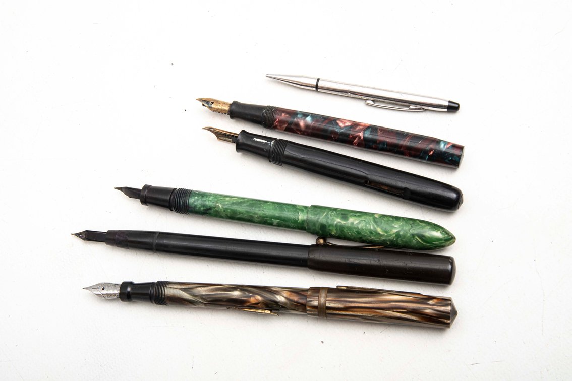 Sterling Pencil & 5 Fountain Pens W/ 14K Gold Nibs