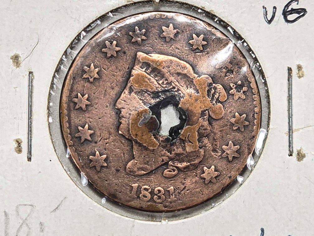 1831 Coronet Head Penny with Central Damage