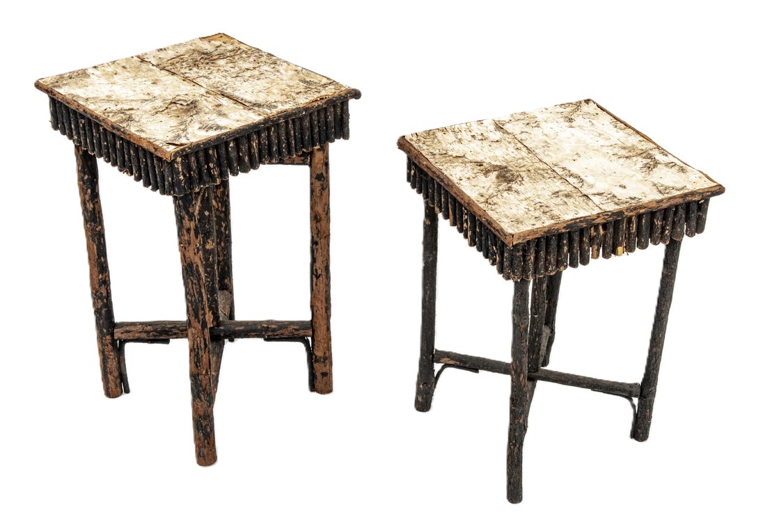 Pair Rustic Twig & Birch Bark Top Accent Tables