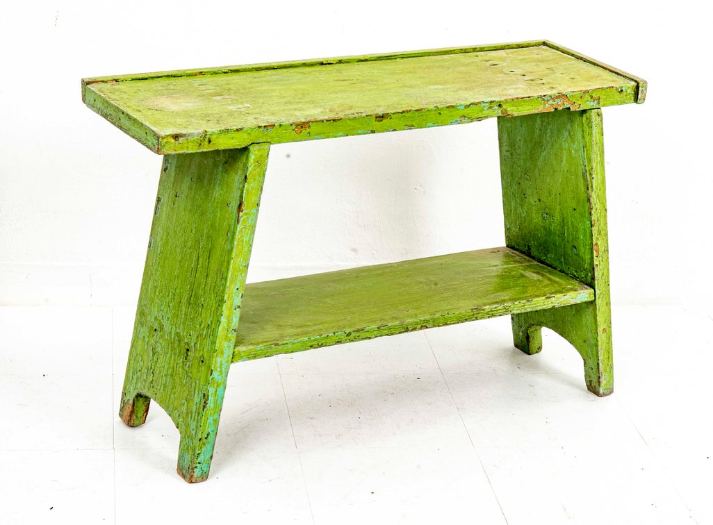 Hand-Crafted Vintage Green Wooden Bench w/ Shelf
